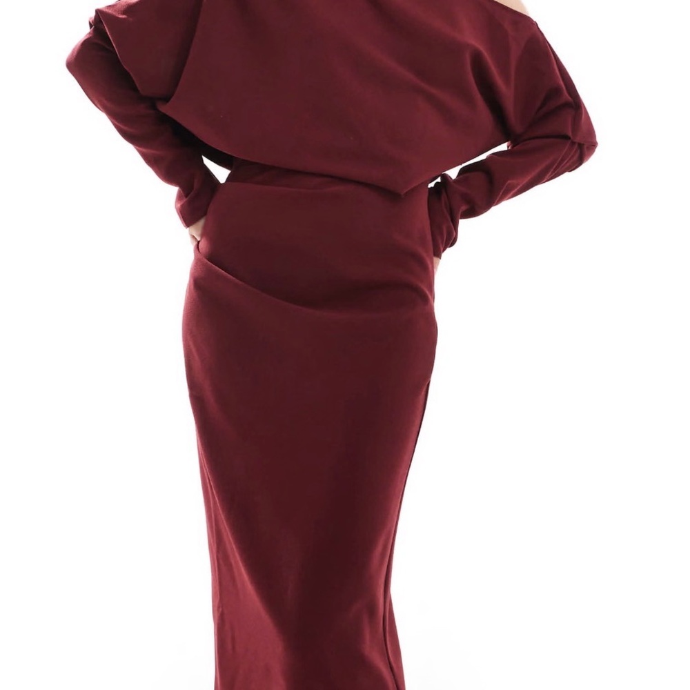 ASOS Off-Shoulder Midi Dress in Burgundy